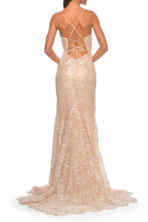 La Femme Print Sequin Mermaid Dress With Lace Up Back