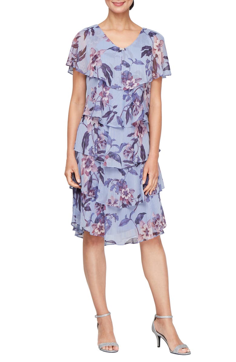 SL FASHIONS Floral Ruffle Tiered Chiffon Cocktail Dress, Main, color, 