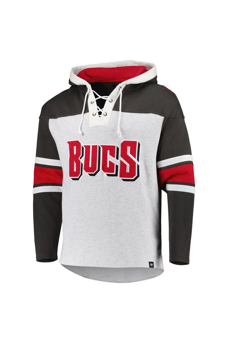 Men's '47 Tampa Bay Buccaneers Heather Gray Gridiron Lace-Up Pullover Hoodie, Alternate, color, Gray