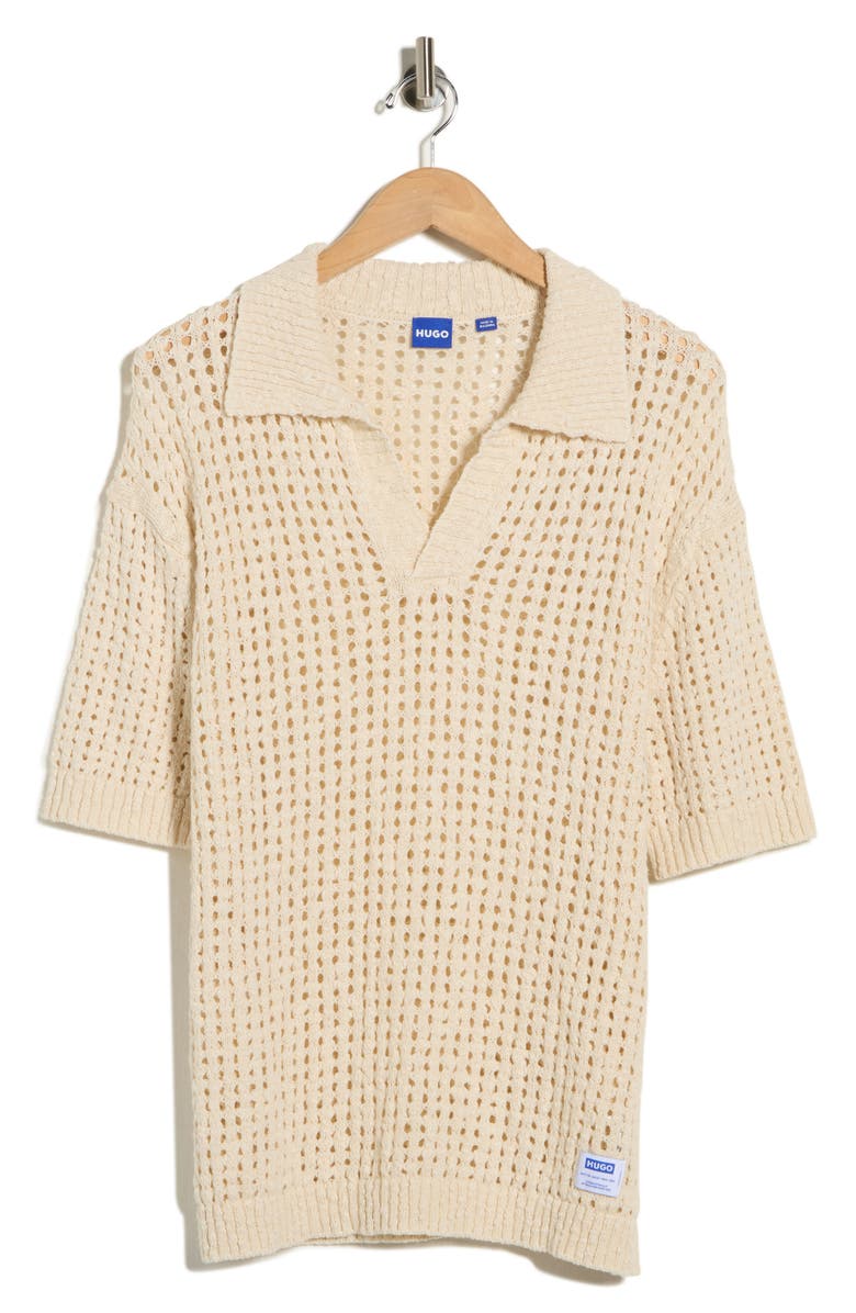 HUGO Strallo Johnny Collar Open Knit Sweater Polo, Alternate, color, Open White