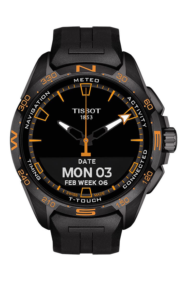 T-Touch Connect Solar Smart Silicone Strap Watch, 47.5mm, Alternate, color, BLACK