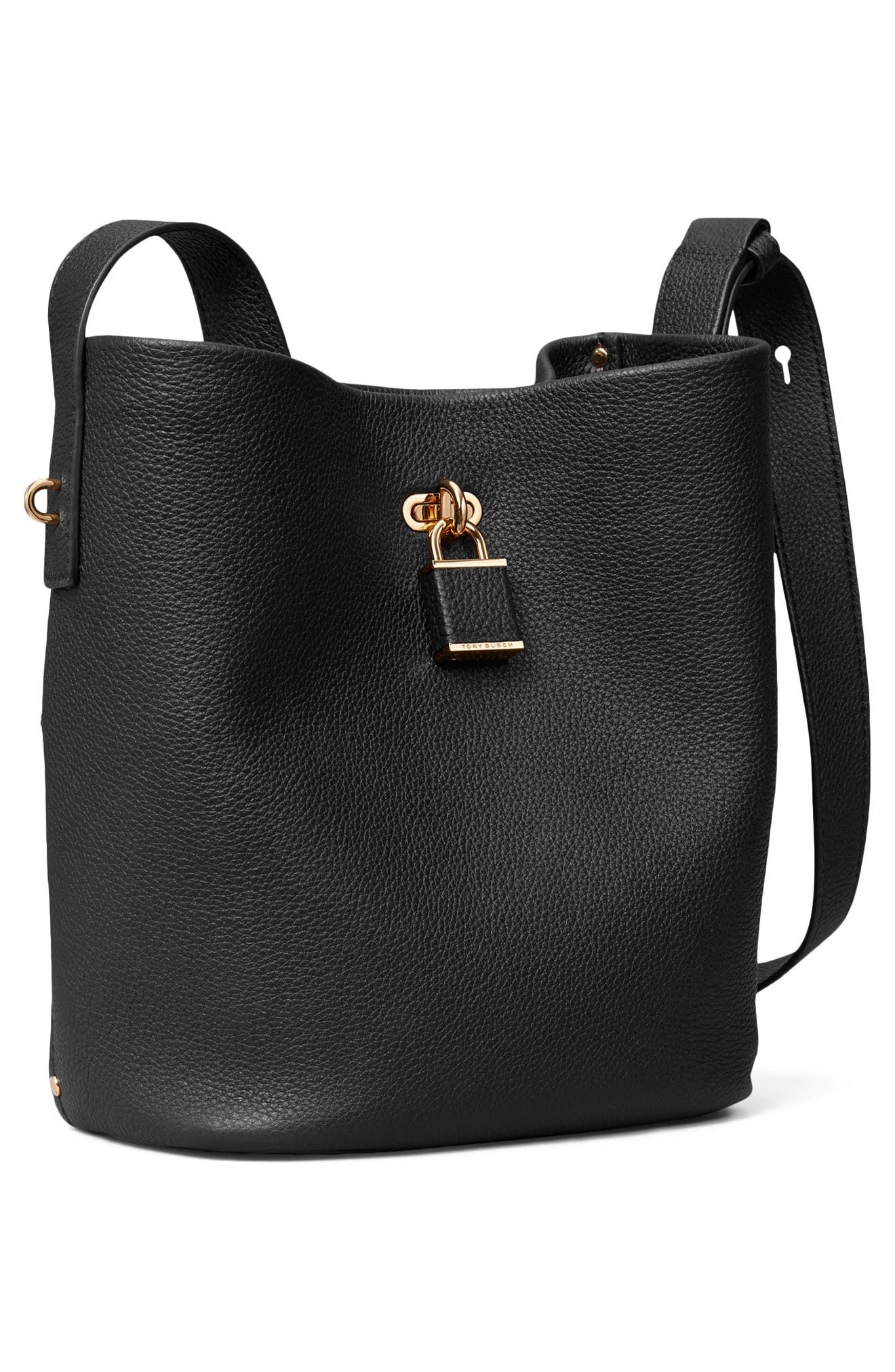 Lock Slim Medium Leather Bucket Bag, Alternate, color, BLACK