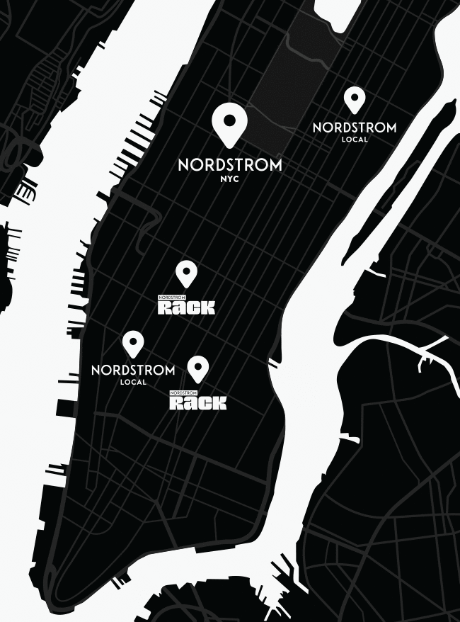 A map of Nordstrom stores, Nordstrom Locals and Nordstrom Racks in NYC.