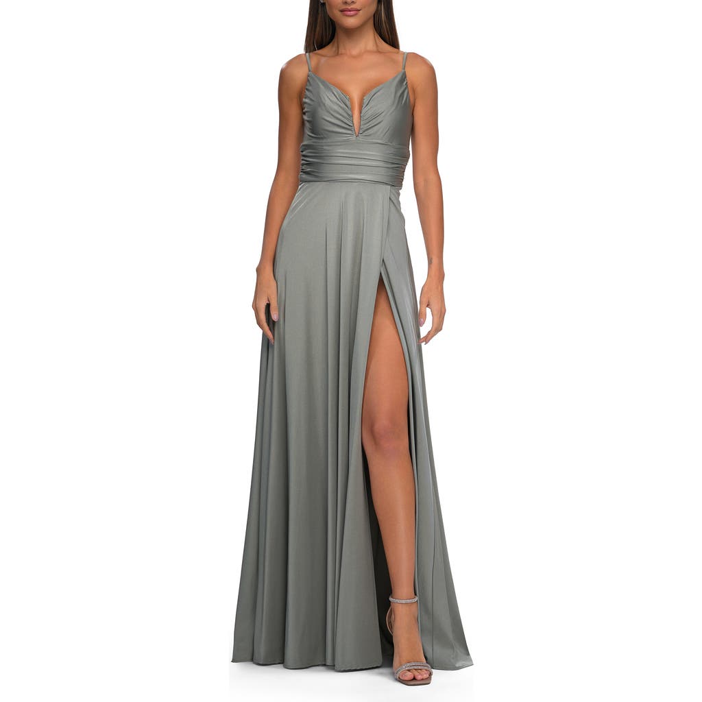 La Femme Versatile Long Jersey Gown With V And Slit In Silver
