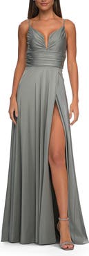 La Femme Versatile Long Jersey Gown with V and Slit