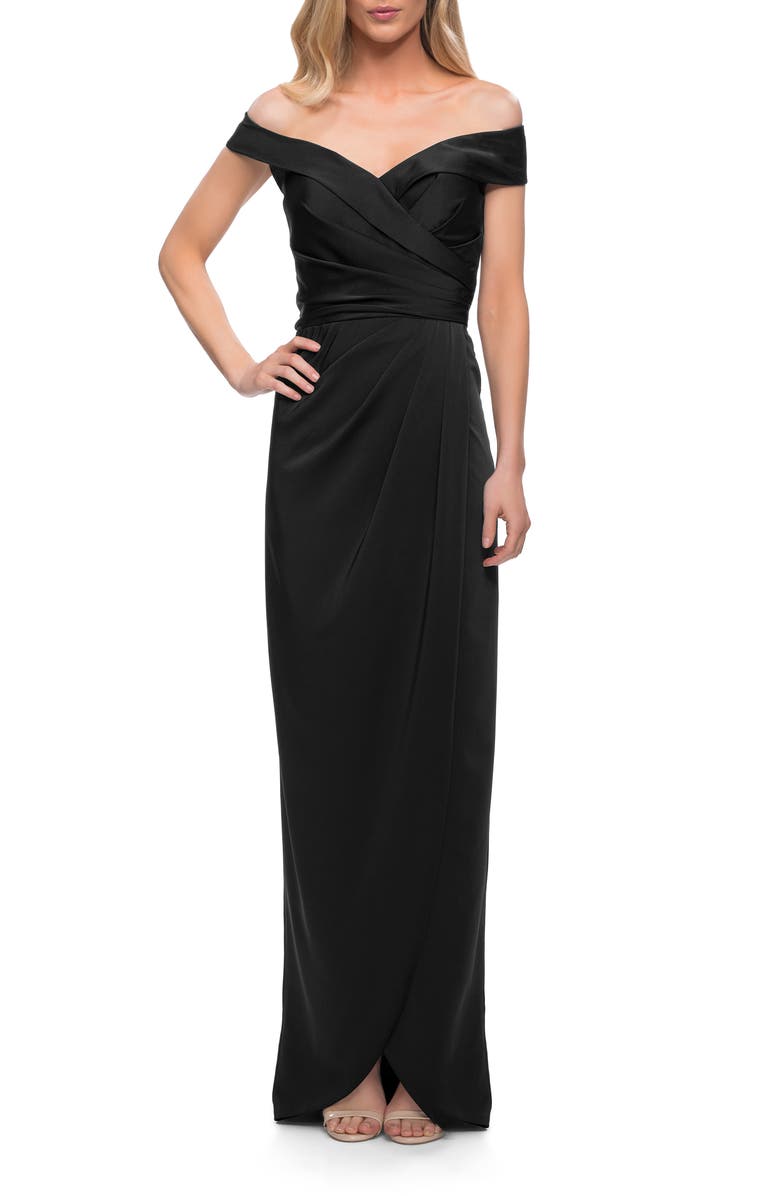 La Femme Long Jersey Dress with Ruching and Cap Sleeves, Alternate, color, Black