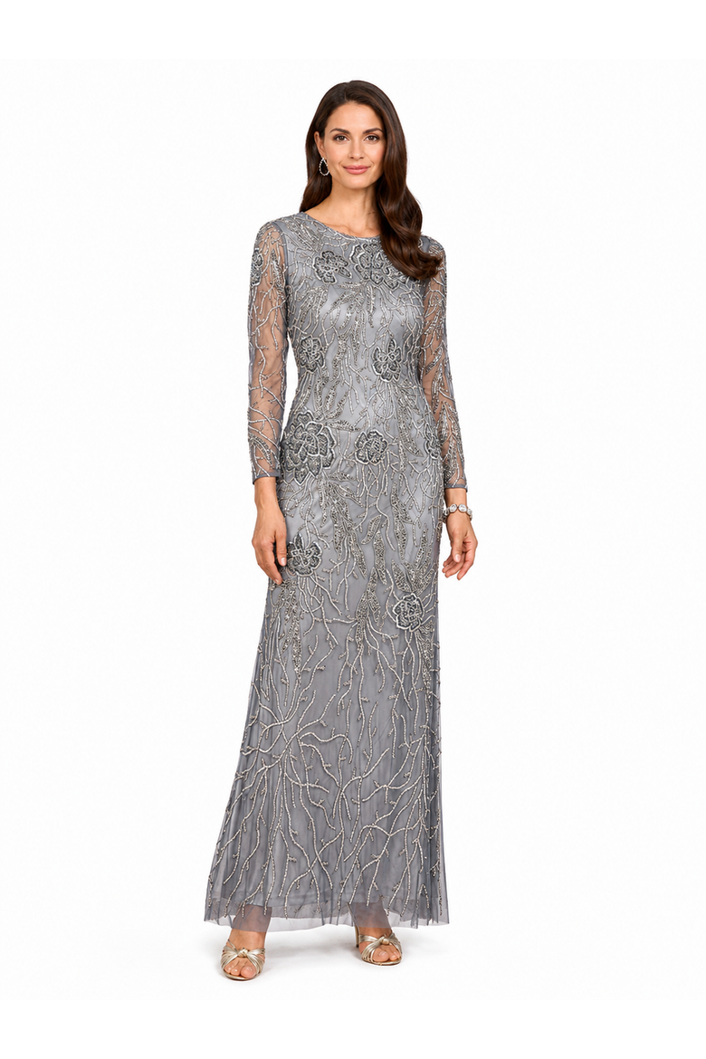 High Neck, Long Sleeve Beaded Gown, Main, color, Medium Grey