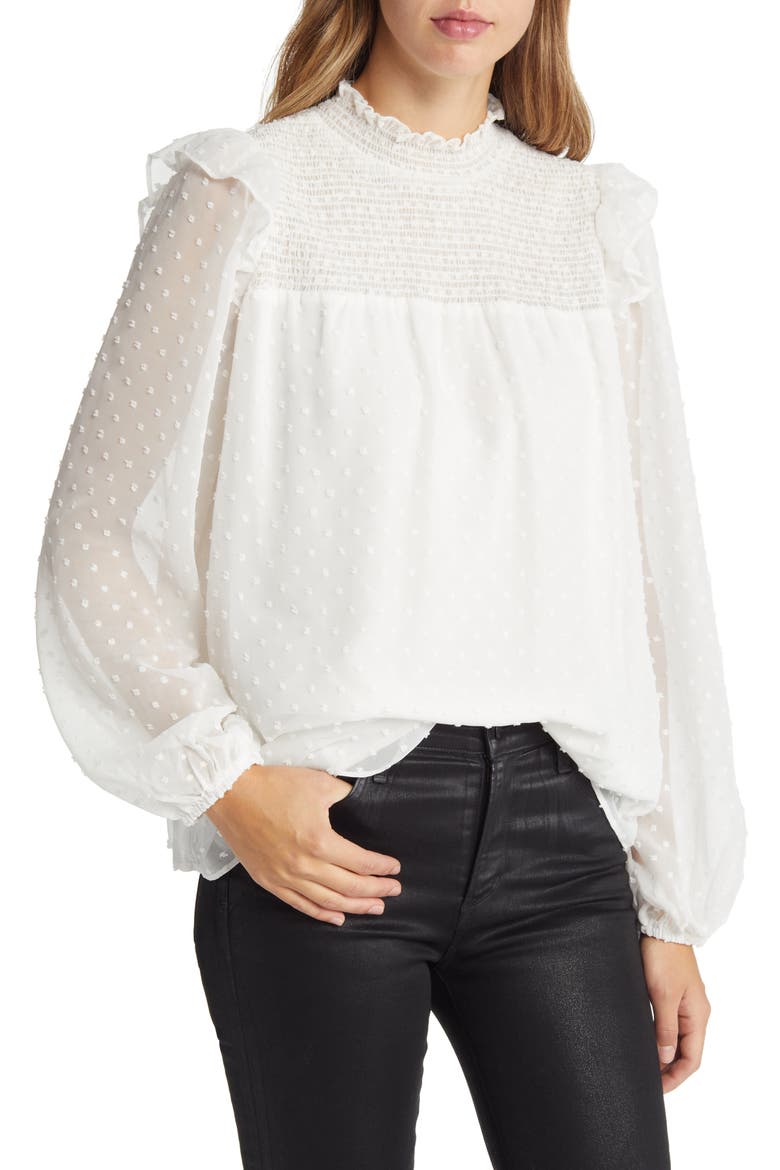 Yannis Smocked Clip Dot Blouse, Main, color, WHITE