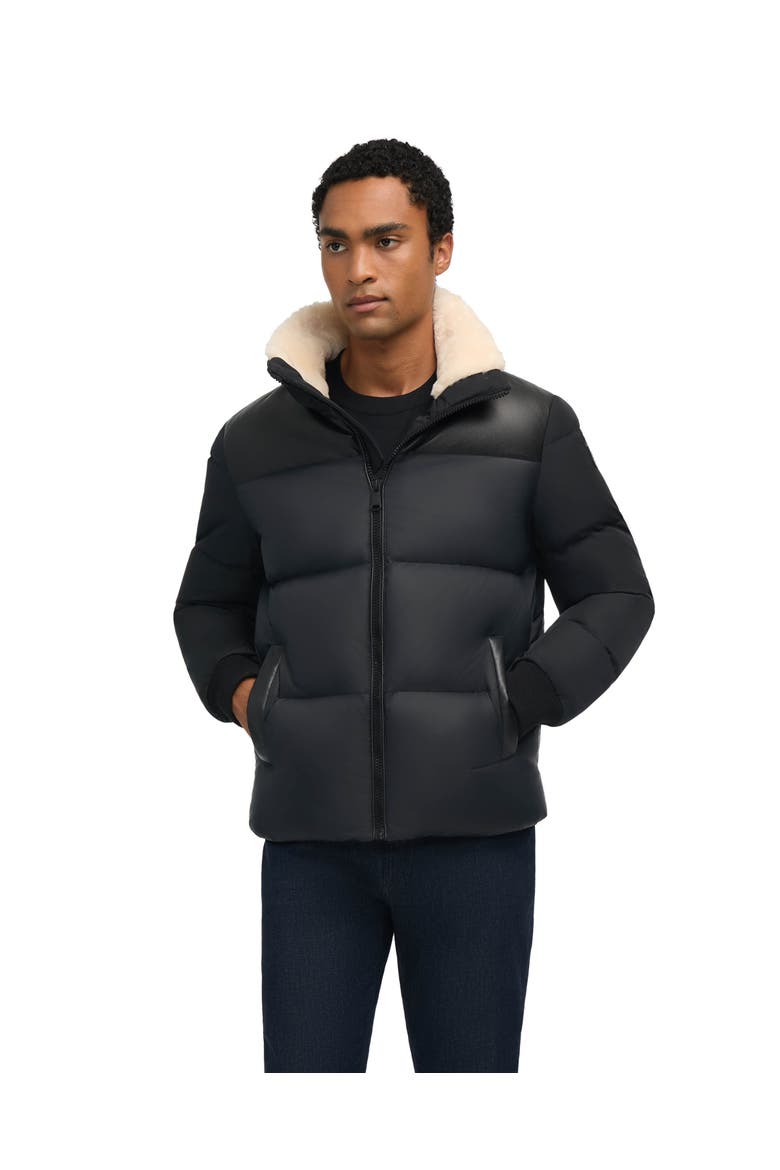 Rigel Mixed Media Faux Shearling Puffer with Removable Hood, Main, color, Black
