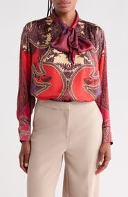 Reiss Jade Paisley Tie Neck Top