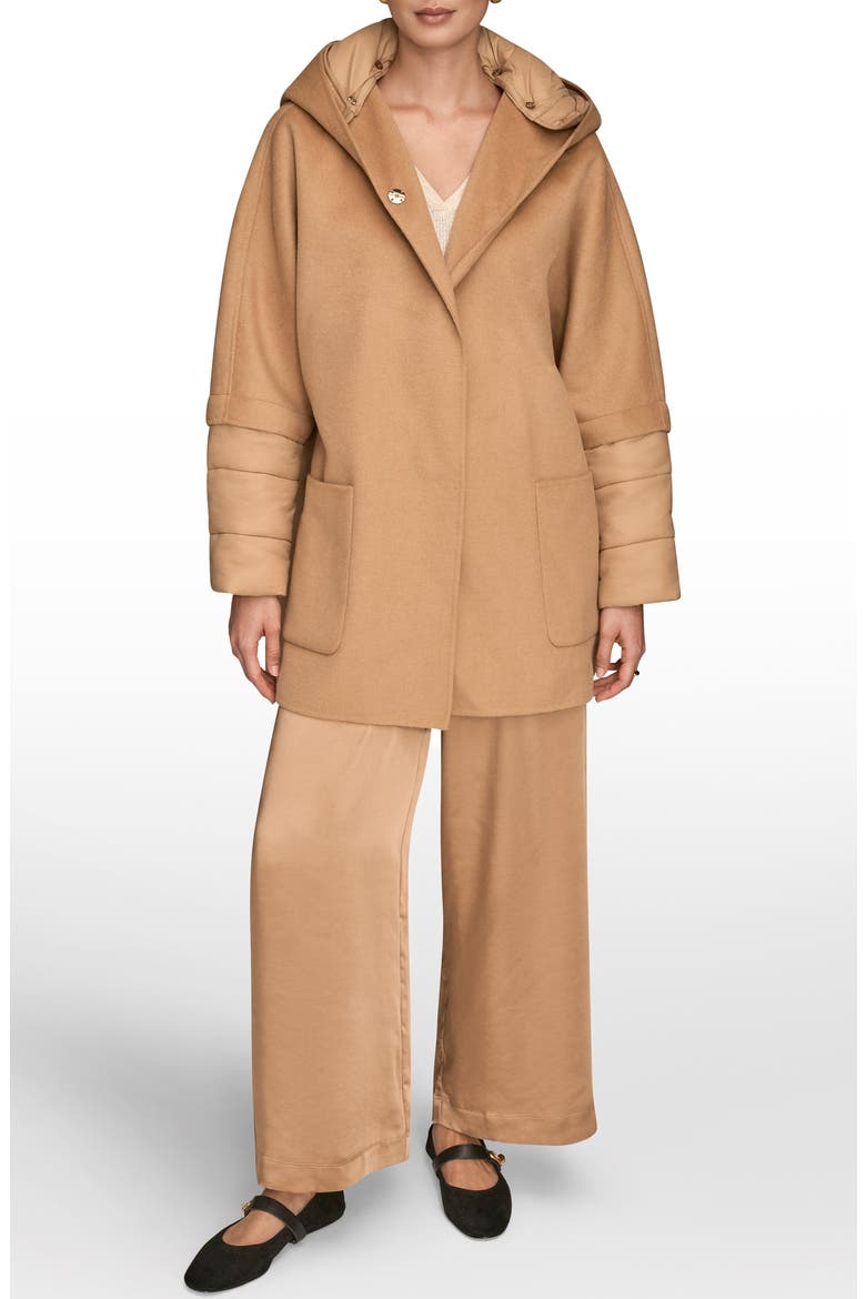 Mixed Media Puffer Sleeve Wool Blend Coat, Alternate, color, FAWN