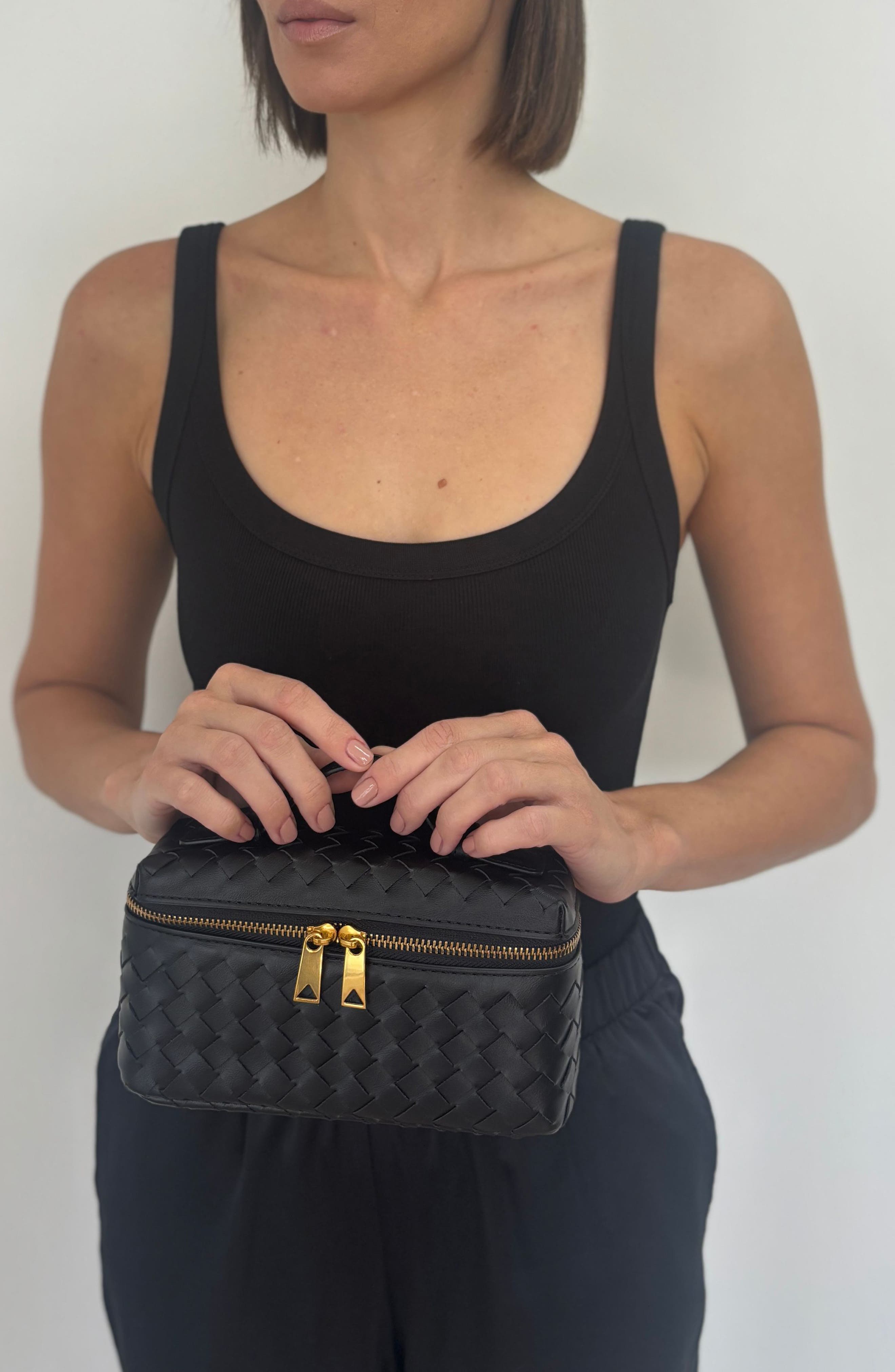 Adornia Black Woven Top Handle Bag, Alternate, color, 