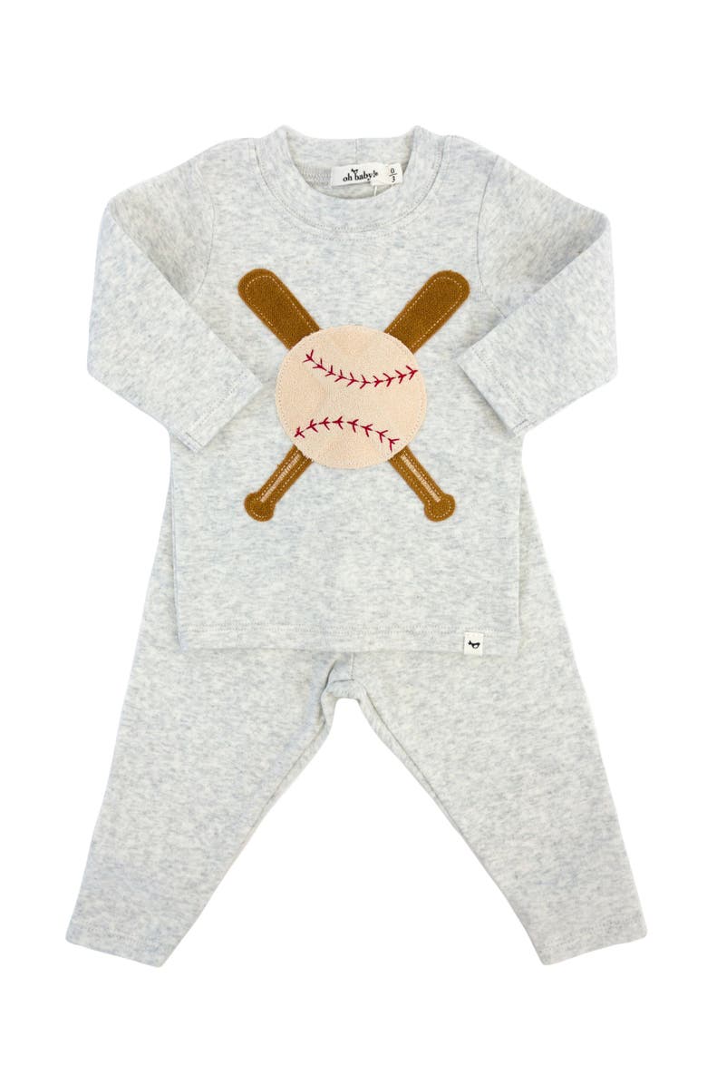 oh baby! Vintage Baseball Terry Applique Two Piece Set, Main, color, Heather Grey