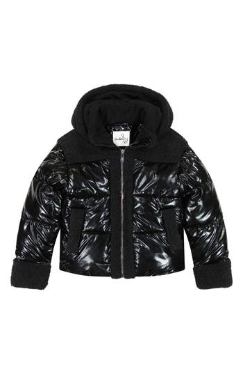 Sam Edelman Shimmer Cargo Pocket Faux Shearling Hooded Puffer Jacket In Black