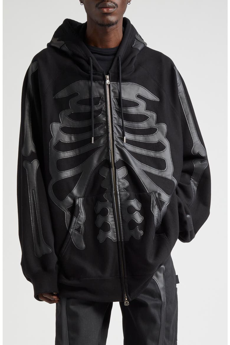 Back Gusset Bone Appliqué Zip Hoodie, Main, color, BLACK X BLACK BONE