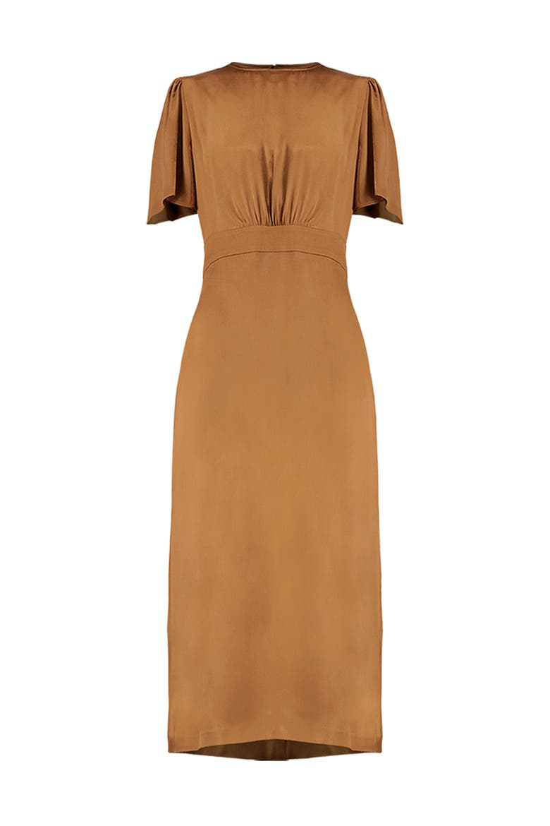 Short Sleeve Satin Midi Dress, Alternate, color, Brown
