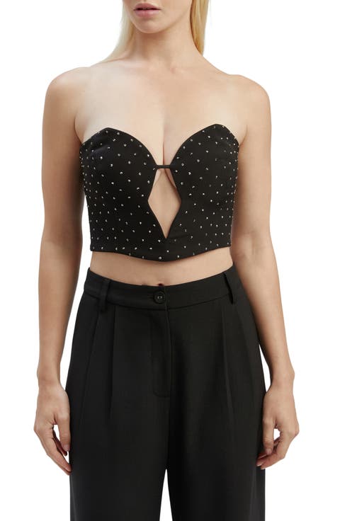 Eleni Embellished Strapless Velvet Corset Crop Top