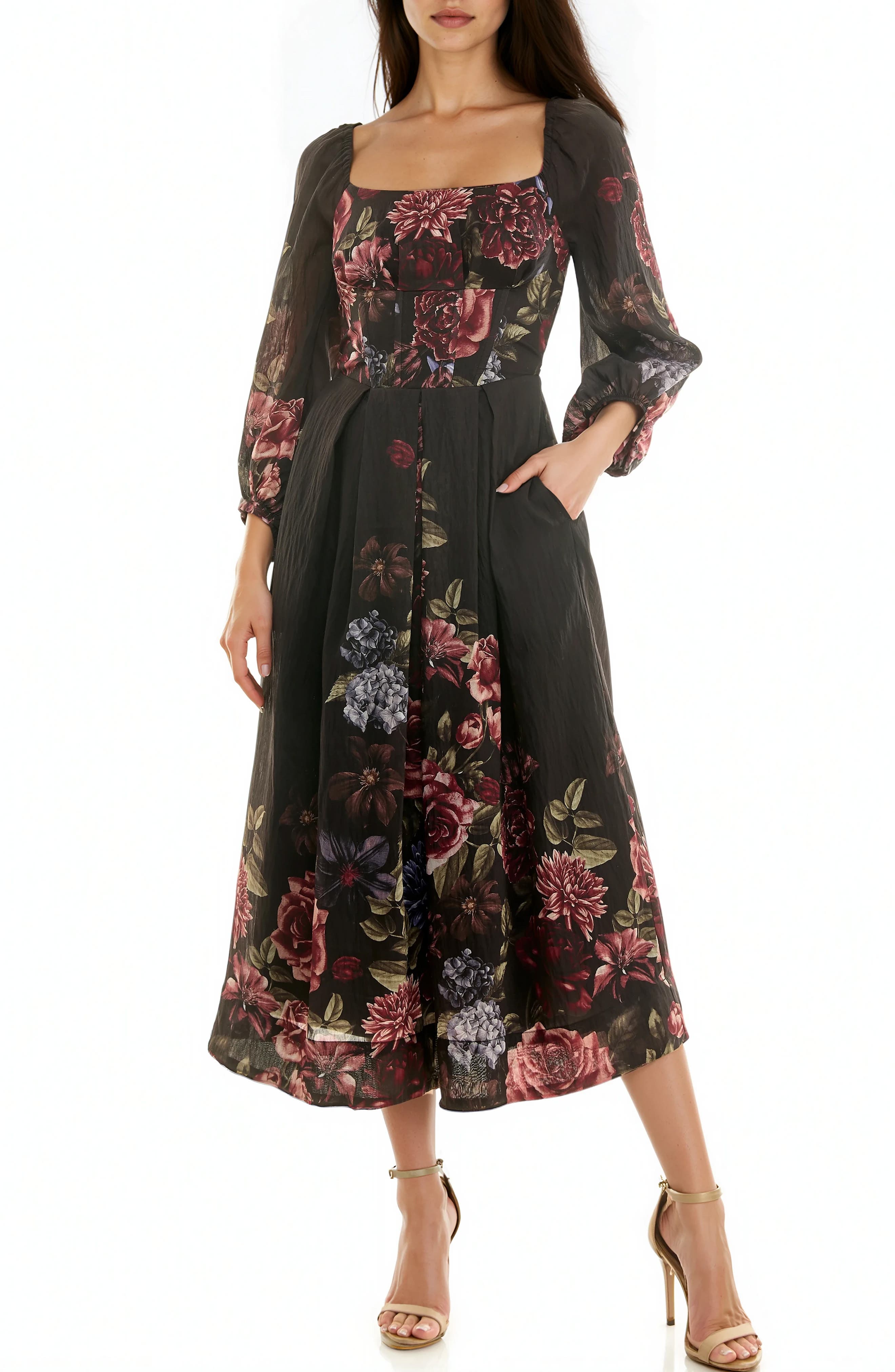 Socialite Long Sleeve Smocked Back Panel Midi Dress