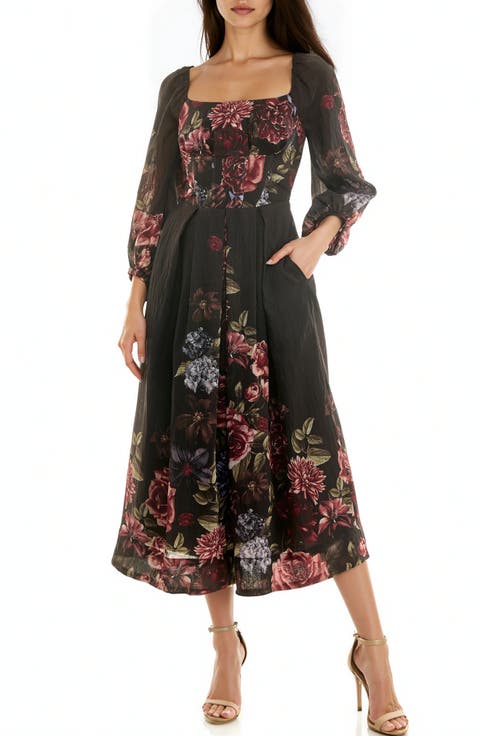 Long Sleeve Smocked Back Panel Midi Dress