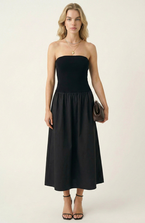 Strapless Smocked Bodice Midi Dress with Flowy Skirt and Pockets