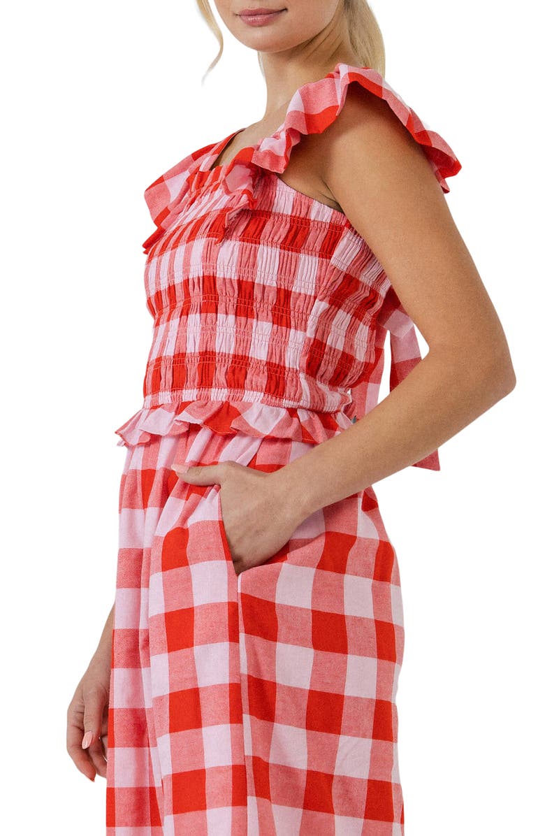 English Factory Gingham Smocked Ruffle Crop Top, Alternate, color, 