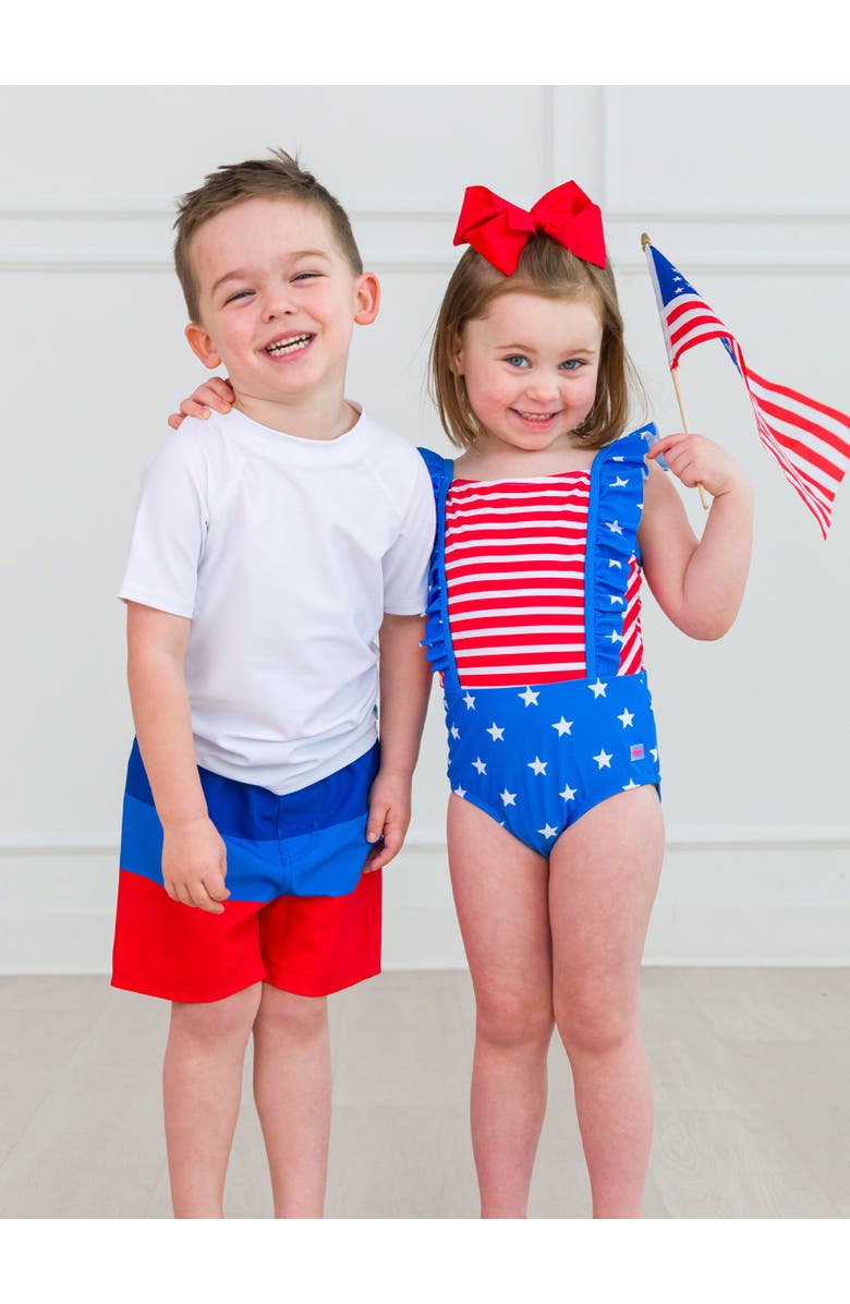 RuffleButts Toddler Girls UPF50+ Pinafore One Piece, Alternate, color, Shimmer Stars & Stripes