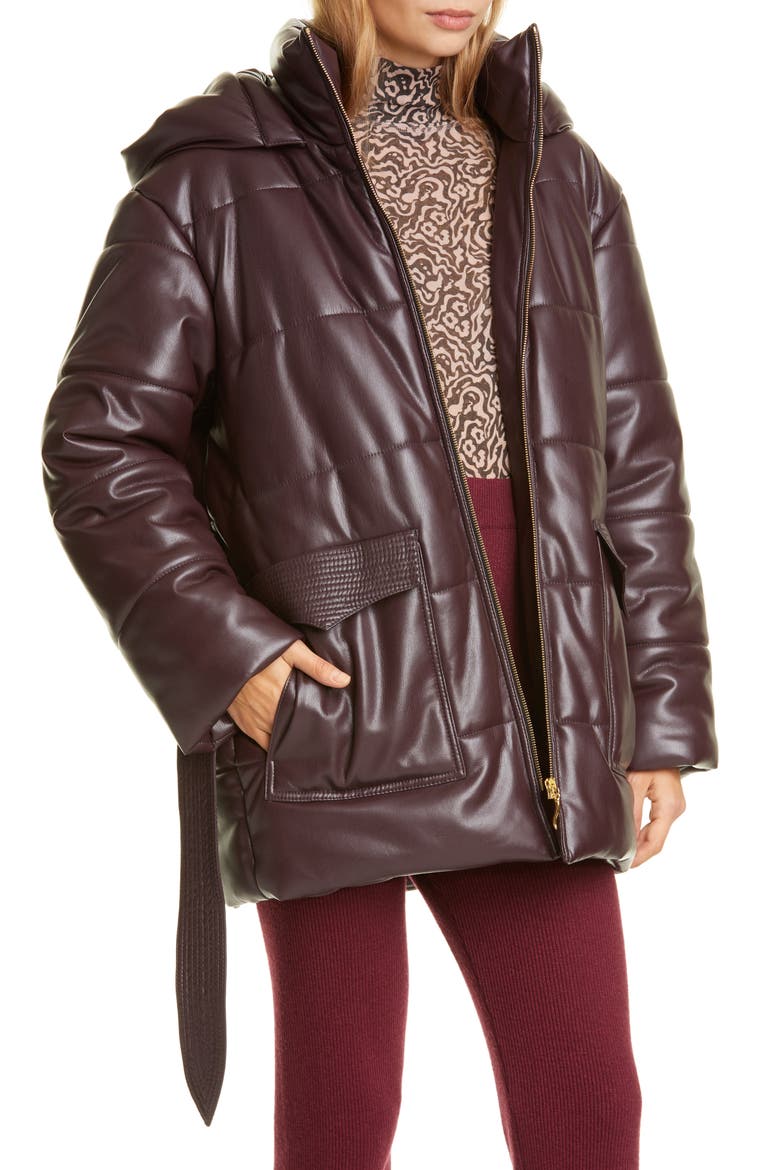 Lenox Faux Leather Belted Puffer Coat, Alternate, color, AUBERGINE