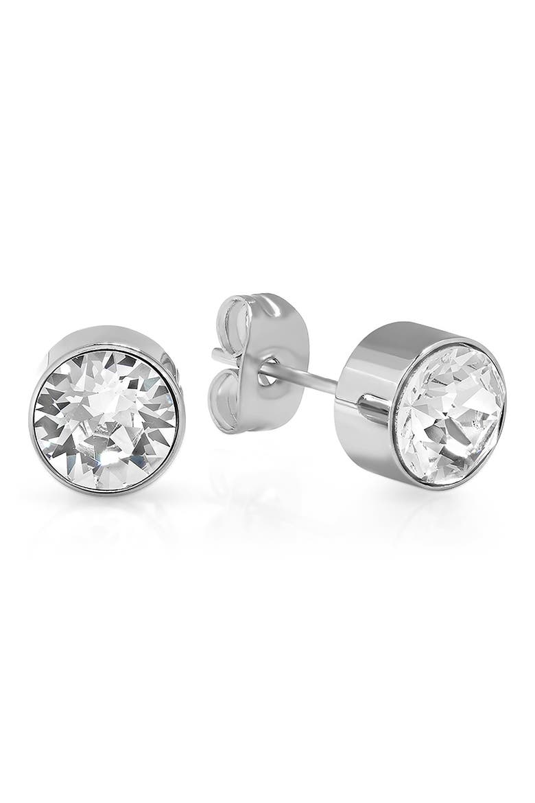 18K Gold Plated April Simulated Birthstone Stud Earrings, Main, color, SILVER METALLIC