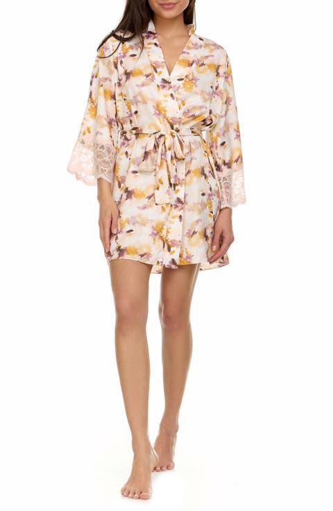 Cindy Lace Trim Floral Satin Wrap Robe
