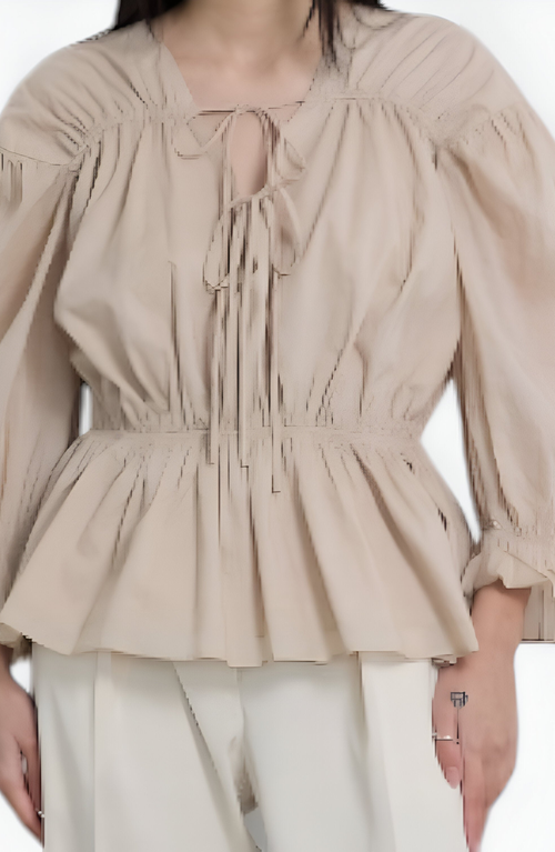 Modenaire Gathered Peplum Tie-front Puff-sleeve Blouse In Nude