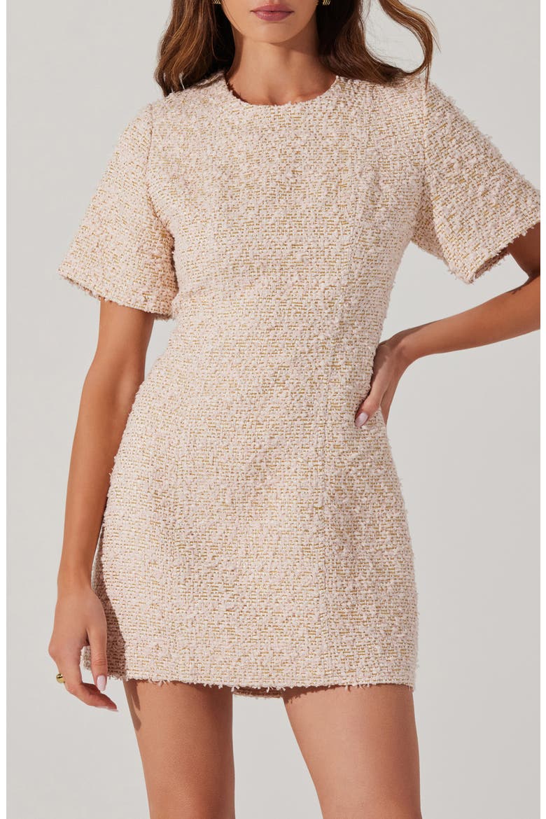 Portilla Short Sleeve Tweed Minidress, Alternate, color, PINK GOLD