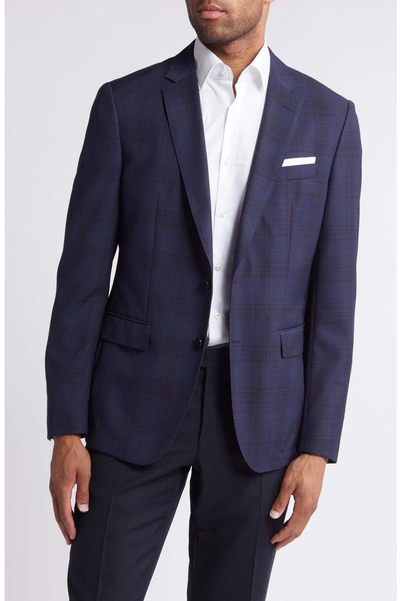 Hutson Slim Fit Plaid Virgin Wool Blazer, Main, color, DK BU