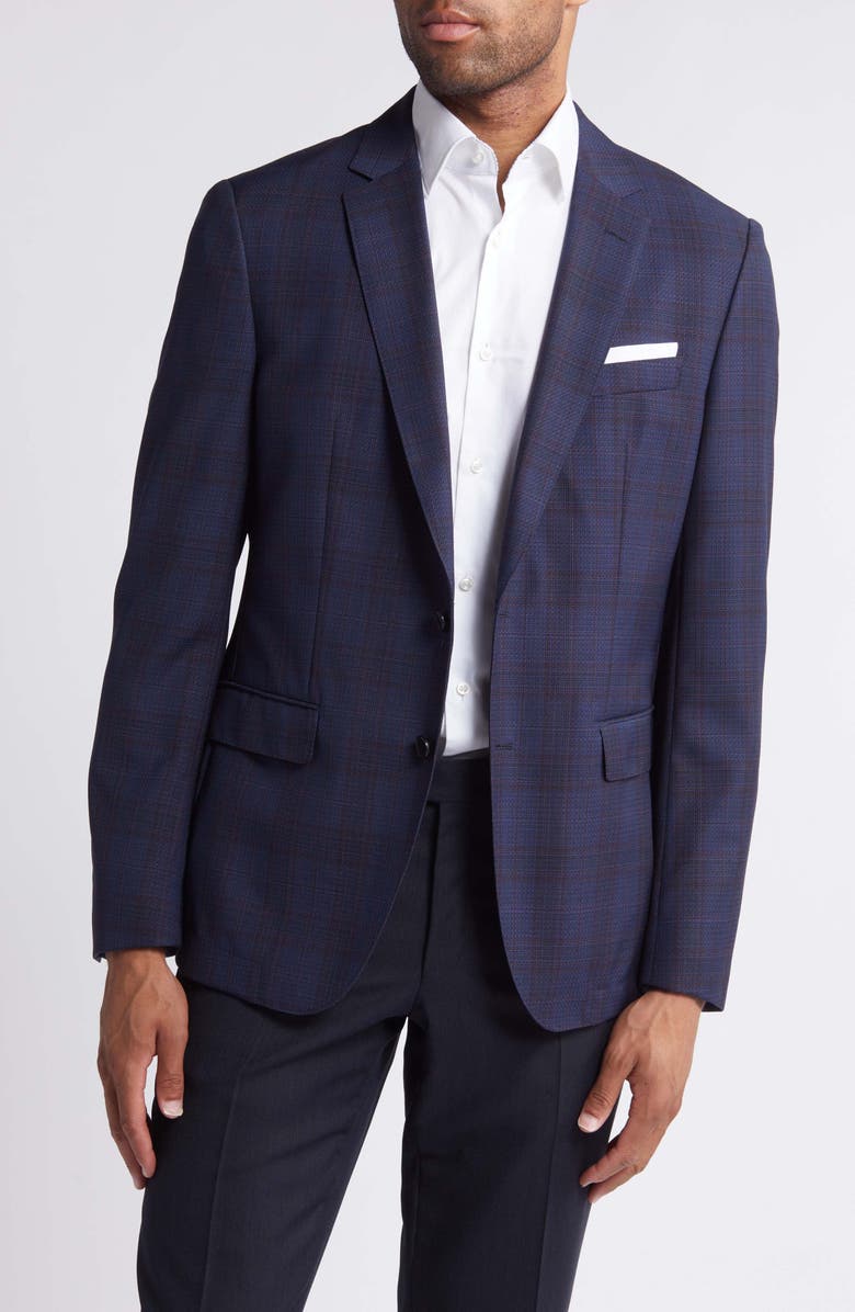 BOSS Hutson Slim Fit Plaid Virgin Wool Blazer, Main, color, 