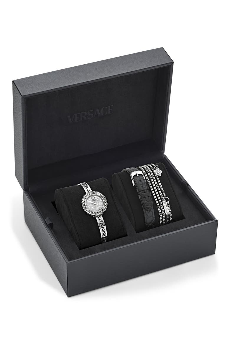 La Greca Diamond Bracelet Watch, Leather Strap & Pendant Chain Gift Set, 28mm, Alternate, color, STAINLESS STEEL