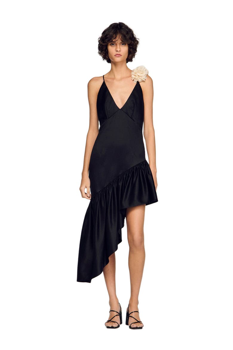 Flower detail asymmetrical ruffled dress, Main, color, Black