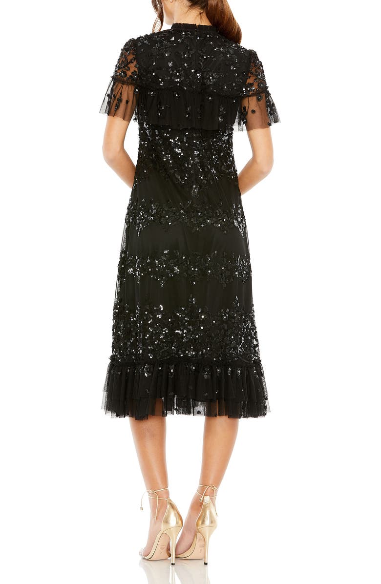 Mac Duggal Women's Sequined High Neck Ruffled Flutter Sleeve Midi Dress, Alternate, color, Black