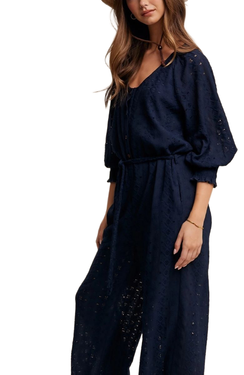 Knit and Lounge Eyelet Wide-Leg Adjustable Waist Jumpsuit, Alternate, color, Navy Eyelet