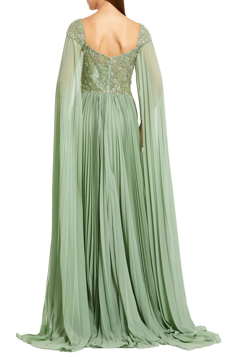 Mac Duggal Cape Sleeve Pleated Charmeuse Beaded Gown, Alternate, color, Sage