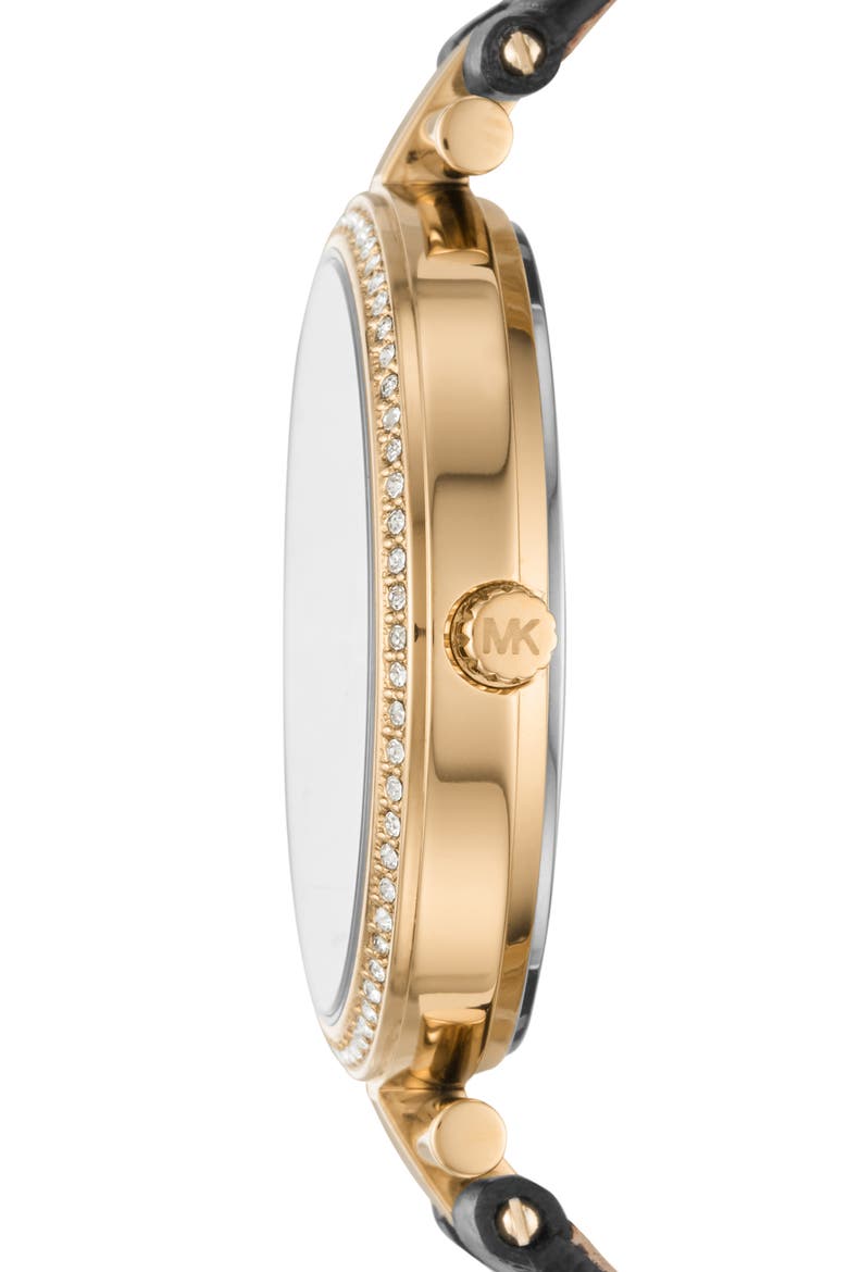 Maci Leather Strap Watch, 34mm, Alternate, color, BLACK/ MOP/ GOLD