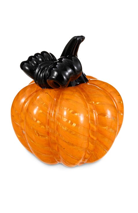 Halloween Striped Glass Pumpkin with Bow