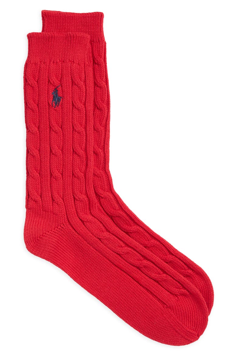 Seasonless Cable Crew Socks, Alternate, color, RED