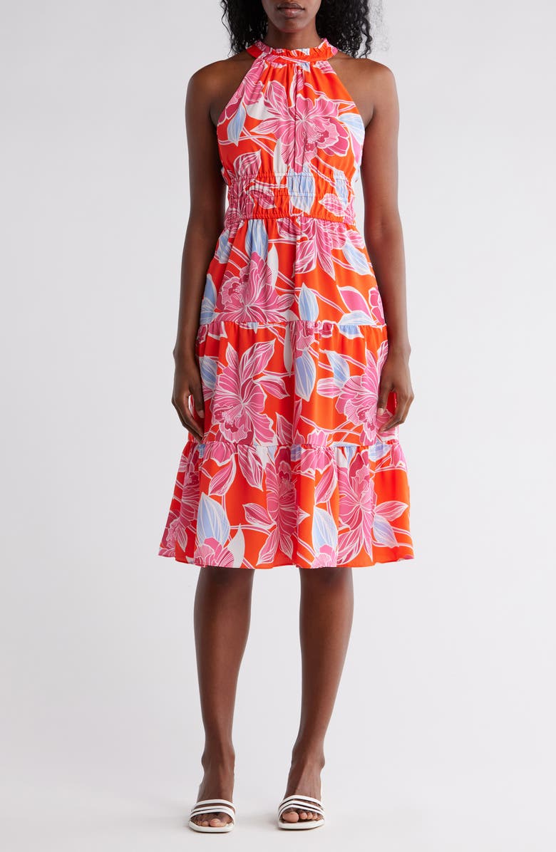 Eliza J Halter Tiered Midi Dress, Main, color, Poppy