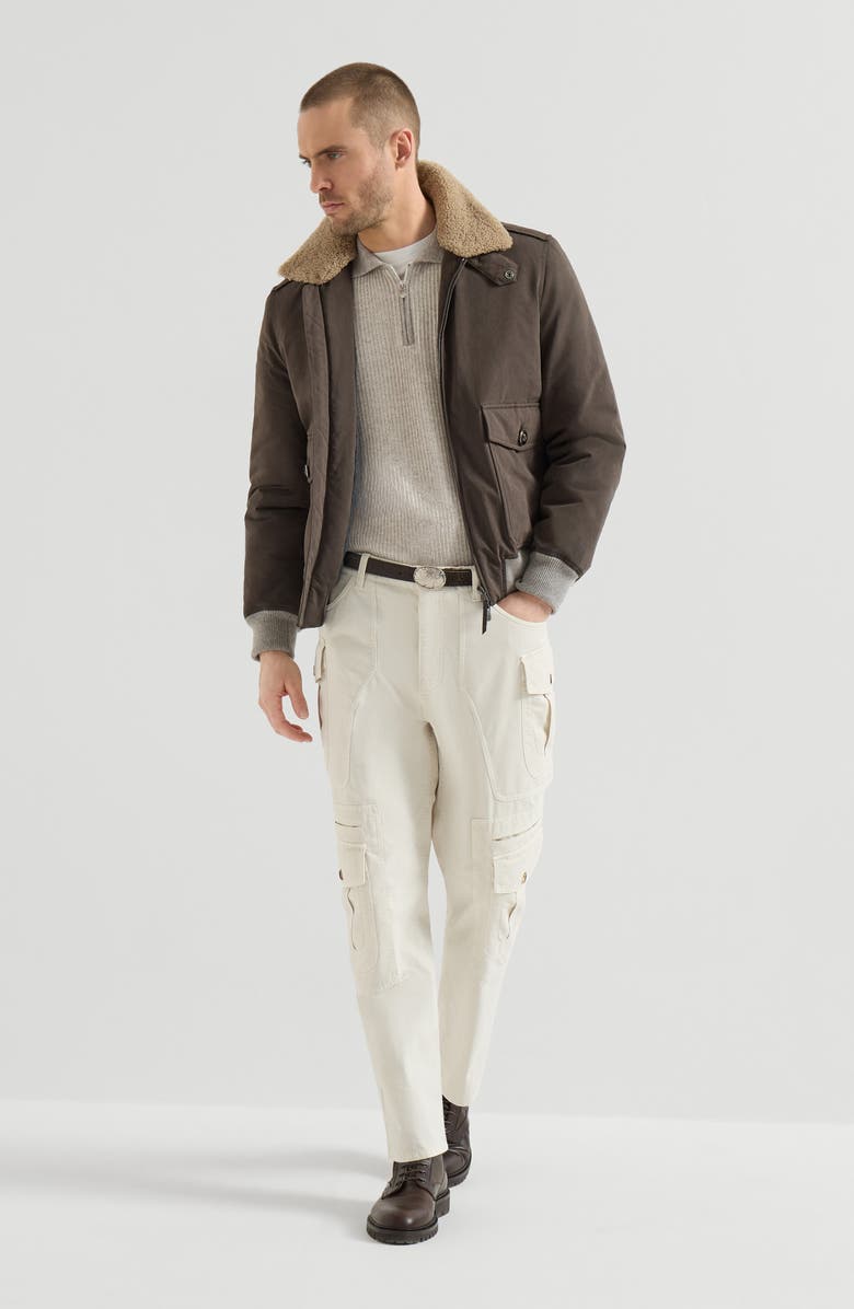 Brunello Cucinelli Cashmere vanisé English rib knit polo with half zip, Alternate, color, Grey
