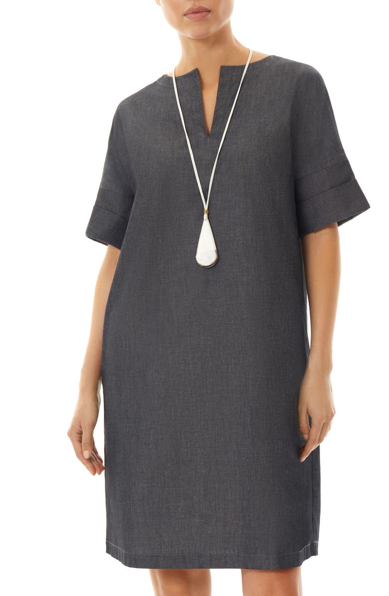 Ming Wang Split Neck Cotton Shift Dress, Alternate, color, 