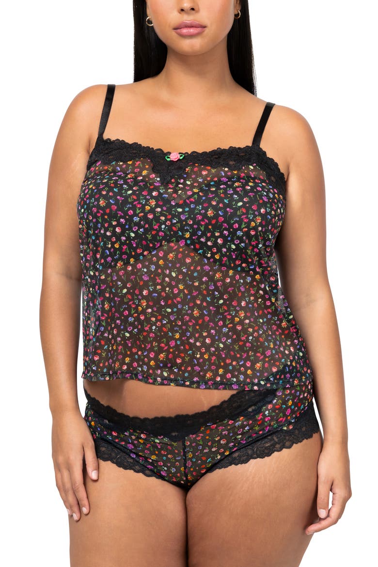 Floral Sheer Lace Trim Camisole & Boyshorts Set, Main, color, MEADOW DREAM