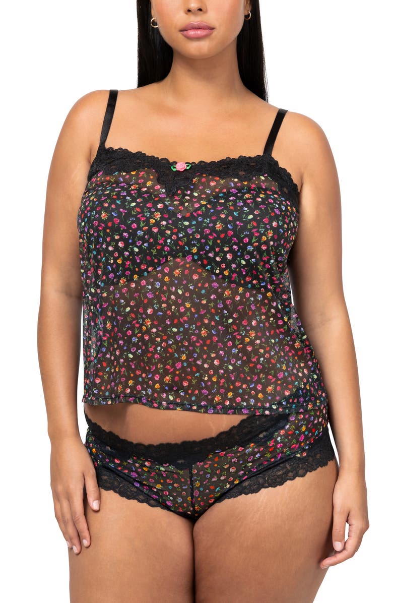 Curvy Couture Floral Sheer Lace Trim Camisole & Boyshorts Set, Main, color, Meadow Dream