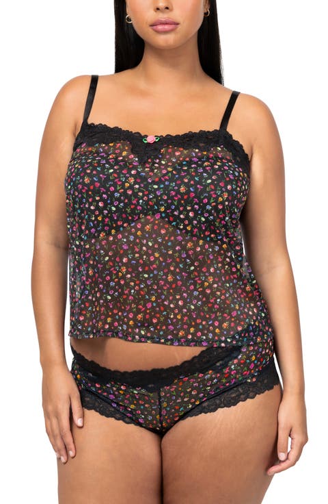 Floral Sheer Lace Trim Camisole & Boyshorts Set