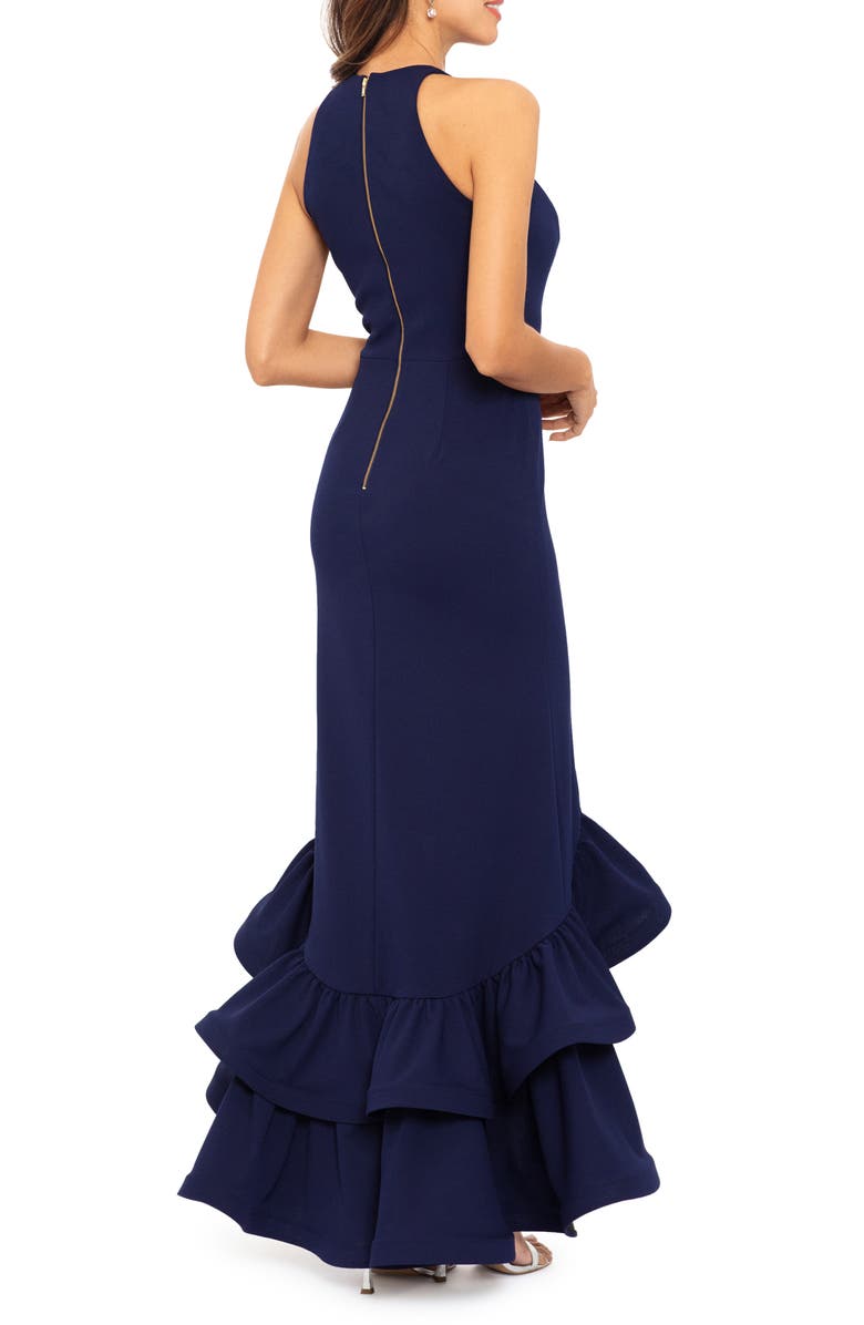 Betsy & Adam Ruffle Halter Crepe Gown, Alternate, color, Night Blue