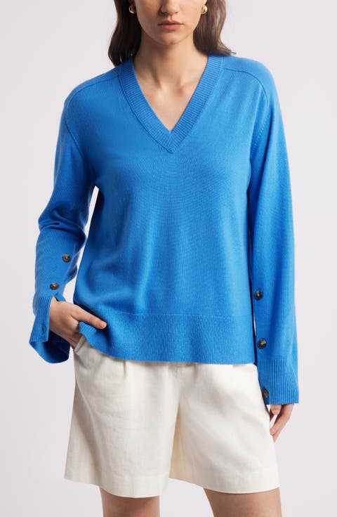 Button Detail Wool V-Neck Sweater