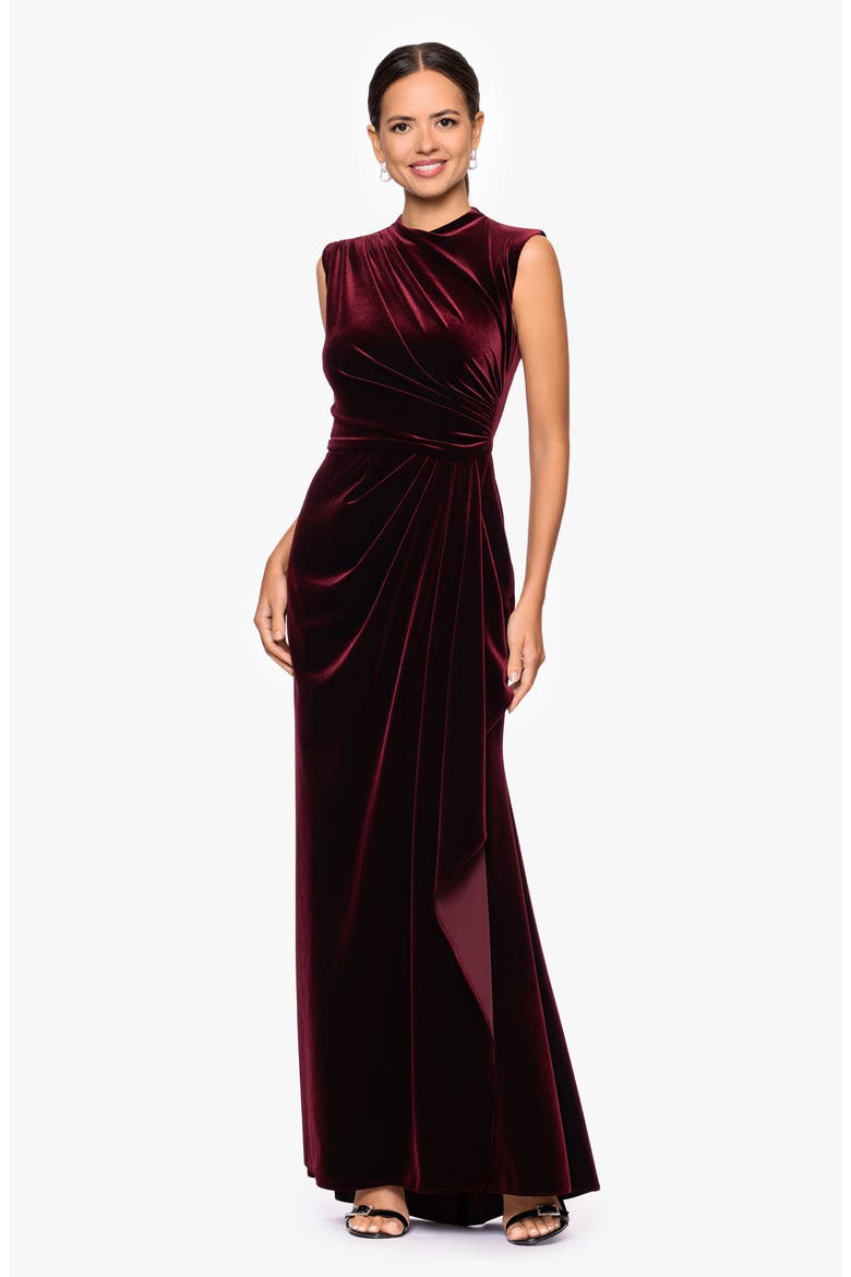 Ruched Velvet Column Gown, Alternate, color, BURGUNDY